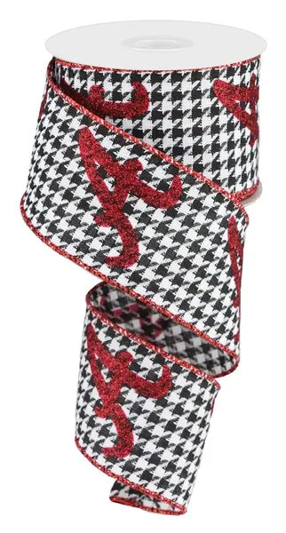 2.5 Inch By 10 Yard Red Glitter A On Houndstooth Ribbon
