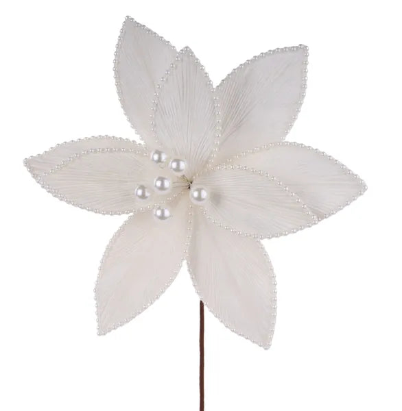 22 Inch Ivory Pearl Bead Poinsettia Pick