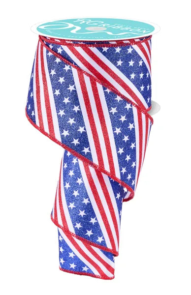 2.5 Inch By 10 Yard Red White And Blue Diagonal Stripes And Stars Ribbon