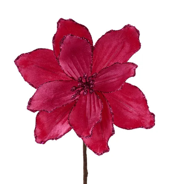7.5 Inch Hot Pink Glitter Velvet Magnolia Pick