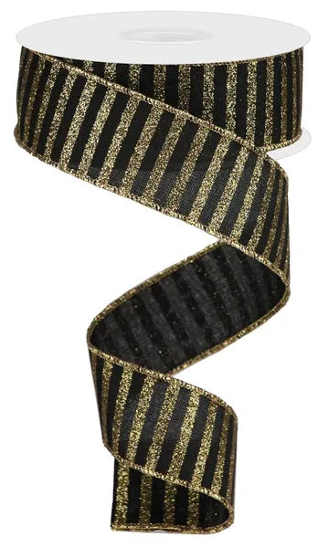 1.5 Inch By 10 Yard Black And Gold Striped Ribbon