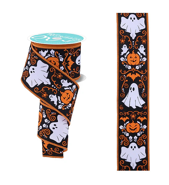 2.5 Inch By 10 Yard Ghost And Pumpkin Halloween Damask Ribbon