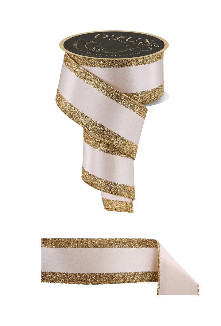 2.5 Inch By 10 Yard Ivory And Gold Vertical Glitter Stripe Sewn Ribbon