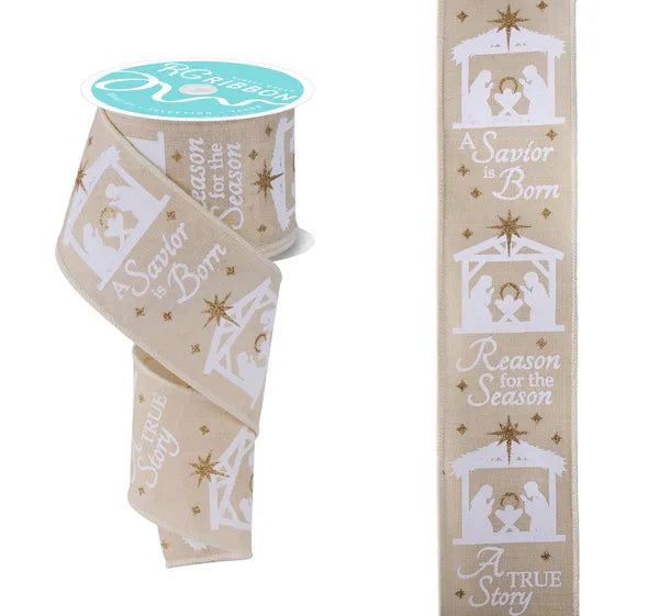 2.5 Inch By 10 Yard Cream And White Nativity Scene Ribbon