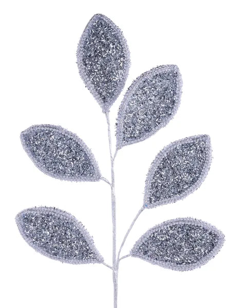 28 Inch Silver Glitter And Lace Leaf Spray