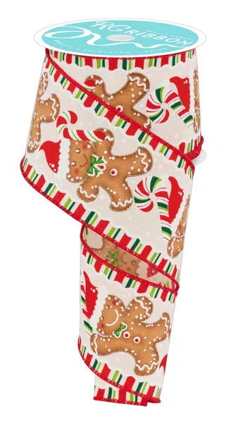 2.5 Inch By 10 Yard Gingerbread With Santa Hats Ribbon