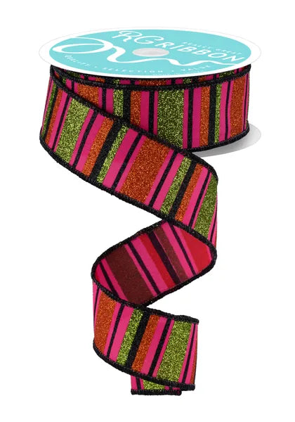 1.5 Inch By 10 Yard Hot Pink Lime Black And Orange Horizontal Stripe Ribbon
