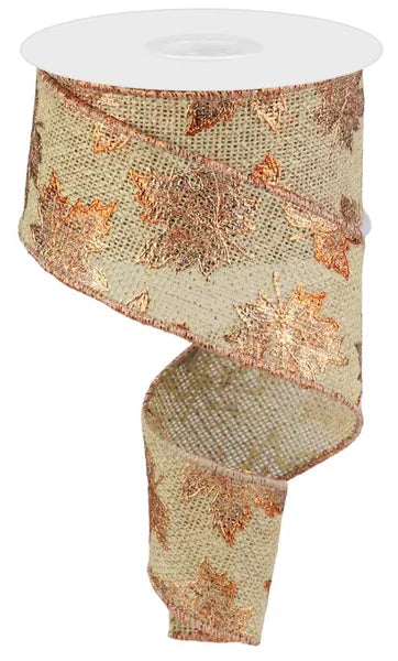 2.5 Inch By 10 Yard Natural Foil Maple Leaf On Faux Royal Ribbon