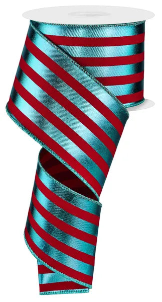 2.5 Inch By 10 Yard Red And Ice Blue Metallic Vertical Stripes Ribbon