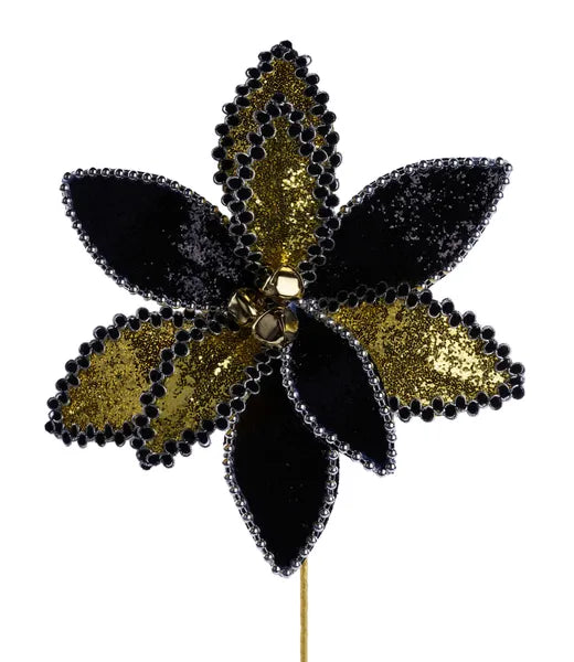 11 Inch Black And Gold Glitter Beaded Poinsettia Spray