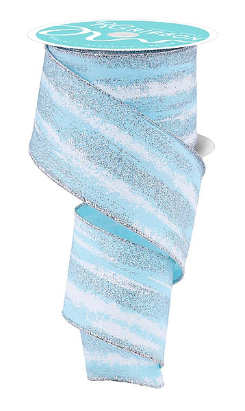 2.5 Inch By 10 Yards Soft Turquoise White And Silver Glitter Paint Strokes Ribbon