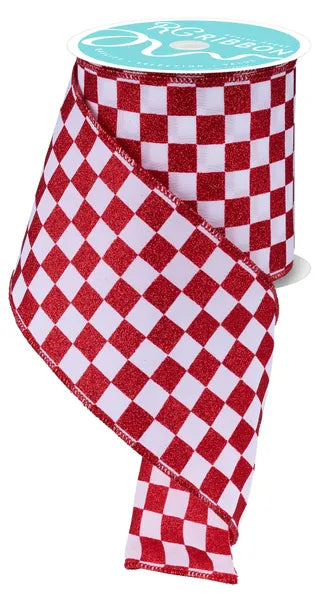 4 Inch By 10 Yard Red And White Glitter Check Ribbon