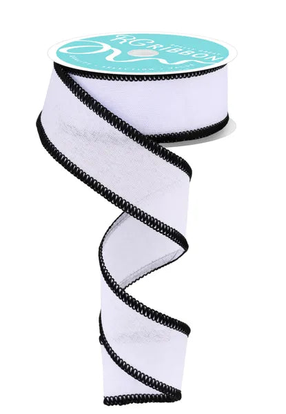 1.5 Inch By 10 Yard Black And White Faux Burlap With Stitch Edge Ribbon