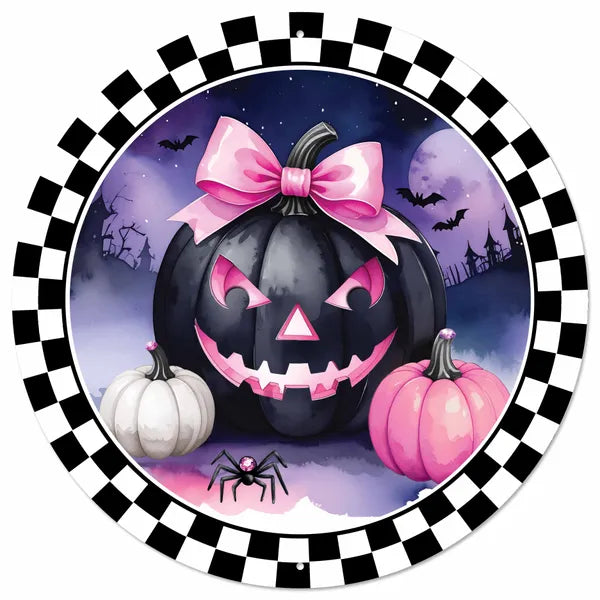 12 Inch Pink And Purple Jack-O-Lantern With Bow Sign