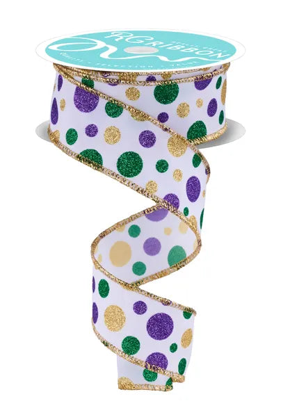 1.5 Inch By 10 Yard Purple Green And Gold Polka Dot Ribbon