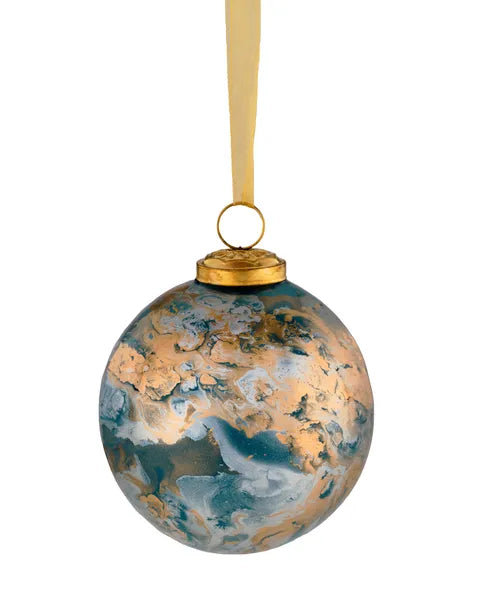 4 Inch Blue Gold And White Marble Glass Ball Ornament