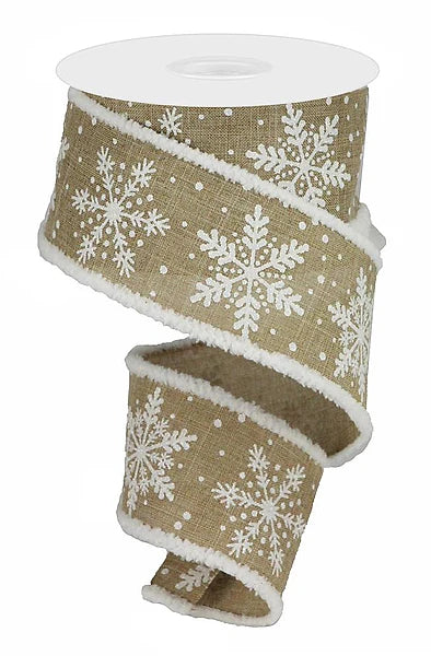 2.5 Inch By 10 Yard White Glittered Snowflakes On Light Beige Background With Snowdrift Edging Ribbon