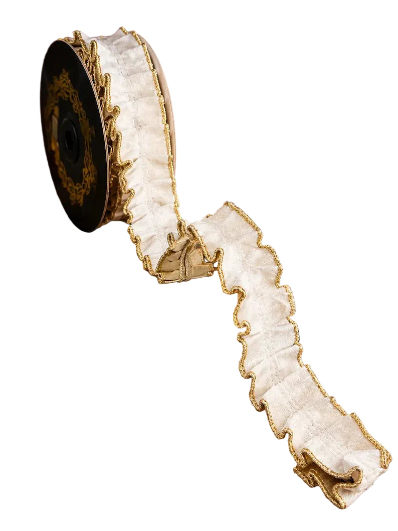 John Mark 1.5 Inch By 10 Yard White Velvet Pleated Metallic Dupioni Fused Ribbon