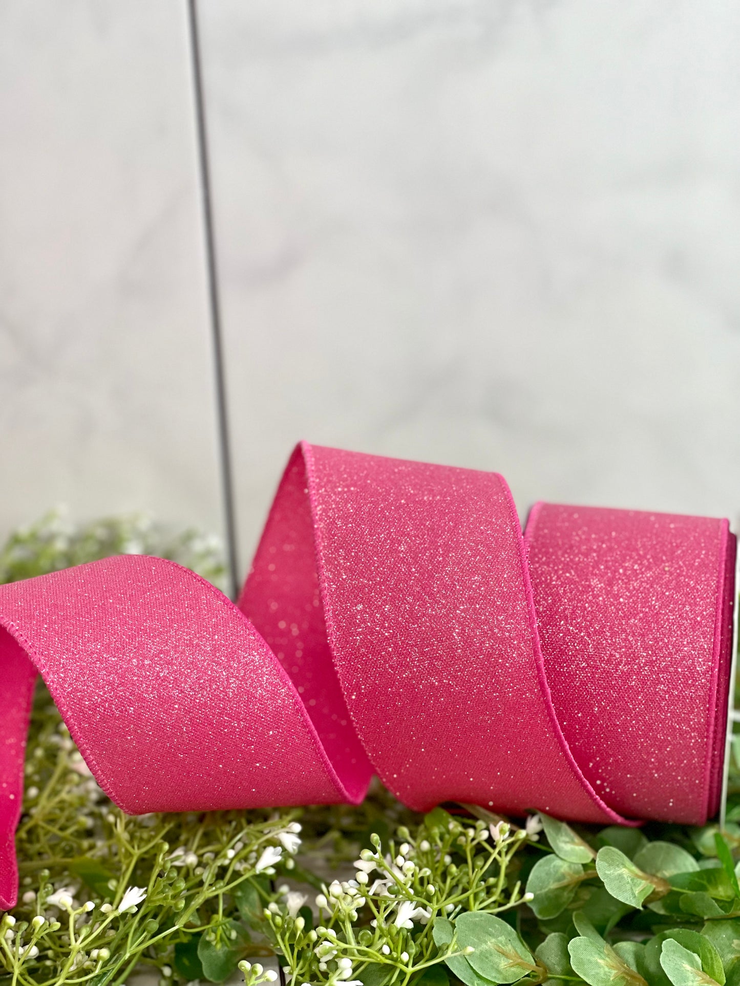 2.5 Inch By 10 Yard Fuchsia Pink Fine Glitter On Faux Royal Ribbon