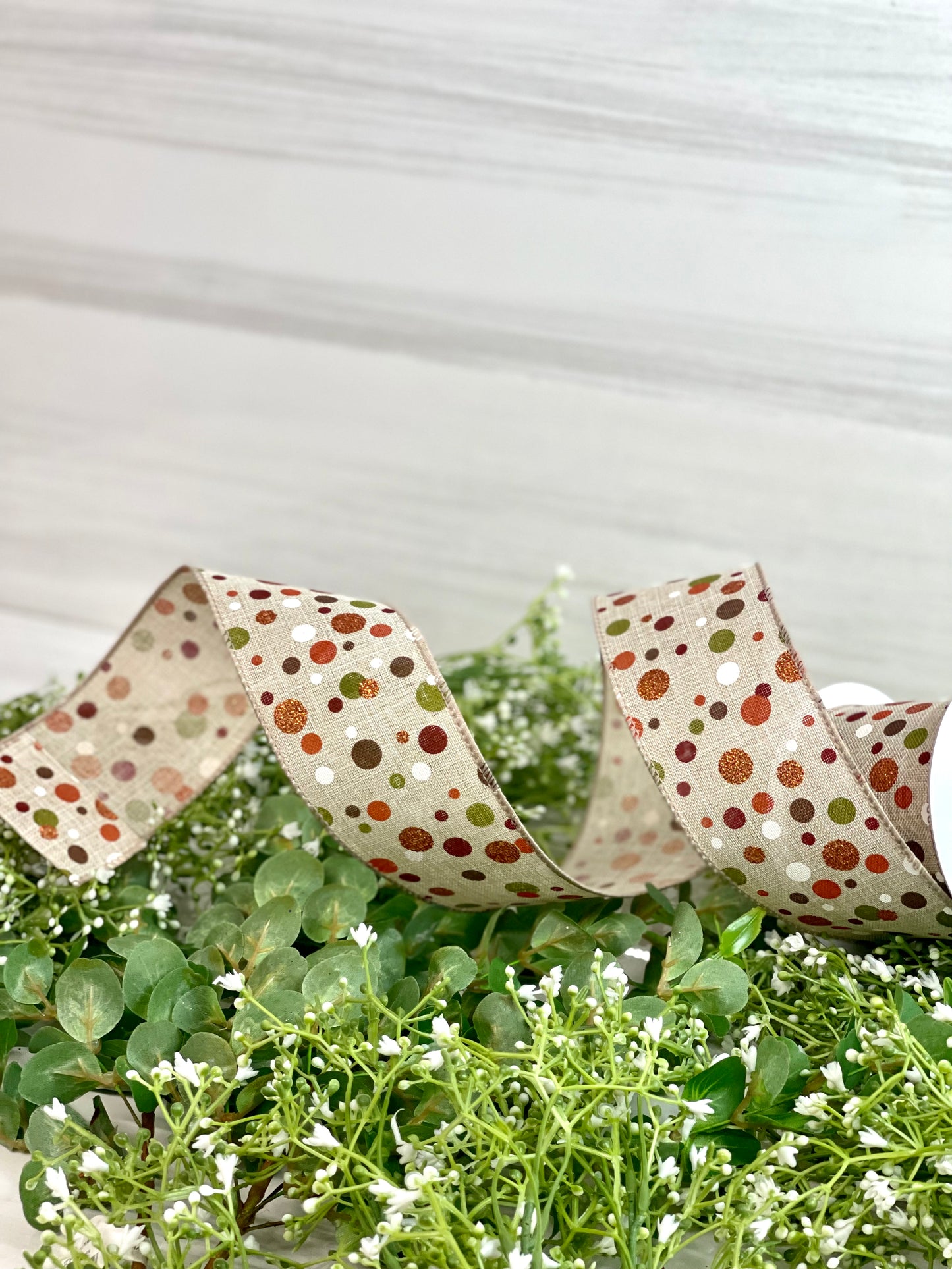 2.5 Inch By 10 Yard Natural Background With Fall Polka Dots Ribbon