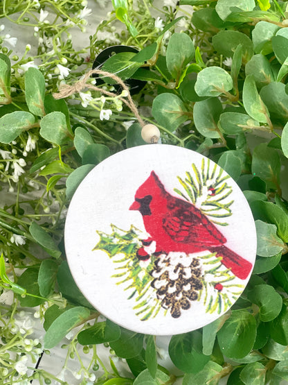 4 Inch Northern Red Cardinal With Pine Cone Disc Ornament