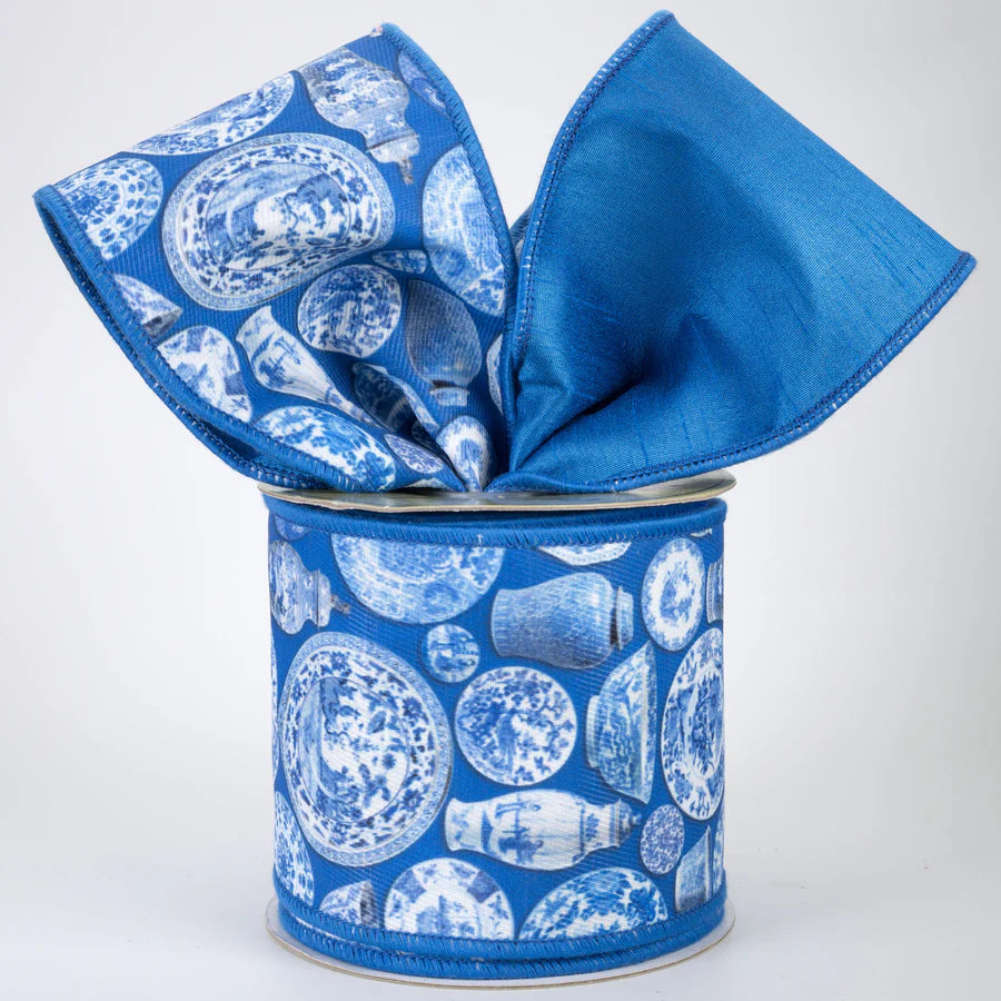 4 Inch By 10 Yard Chinoiserie Print Canvas And Dupioni Ribbon