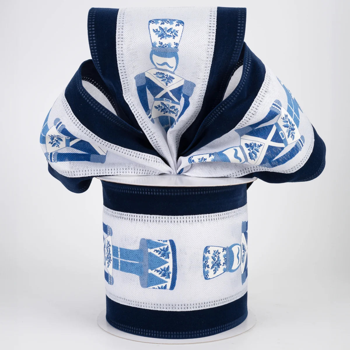 4 Inch By 10 Yard Navy Chinoiserie Nutcracker With Navy Velvet Edge Ribbon