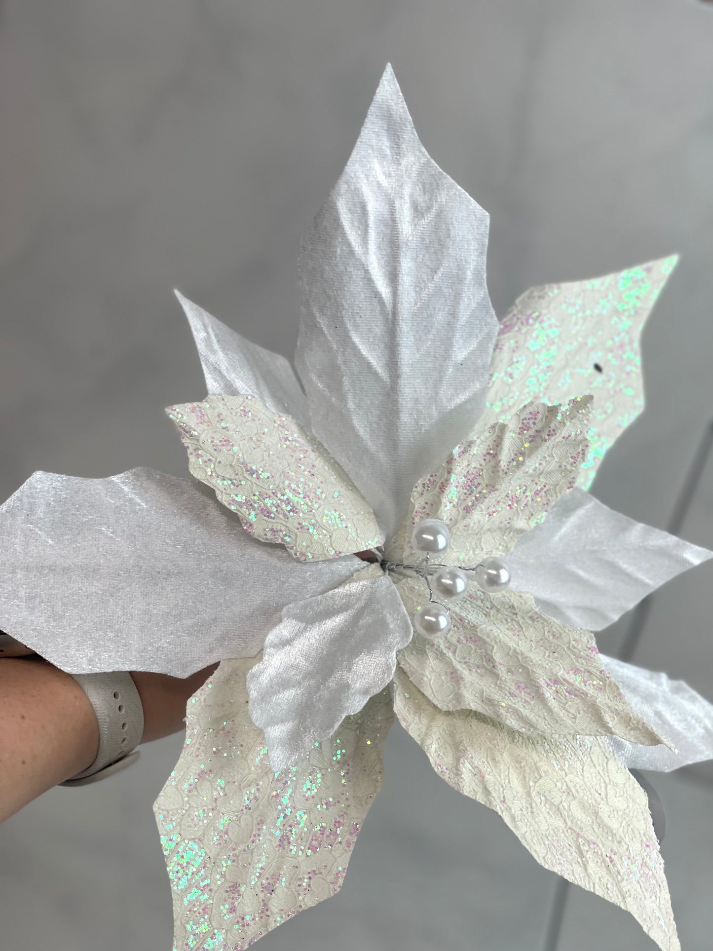 White Velvet Glitter Patterned Poinsettia Spray