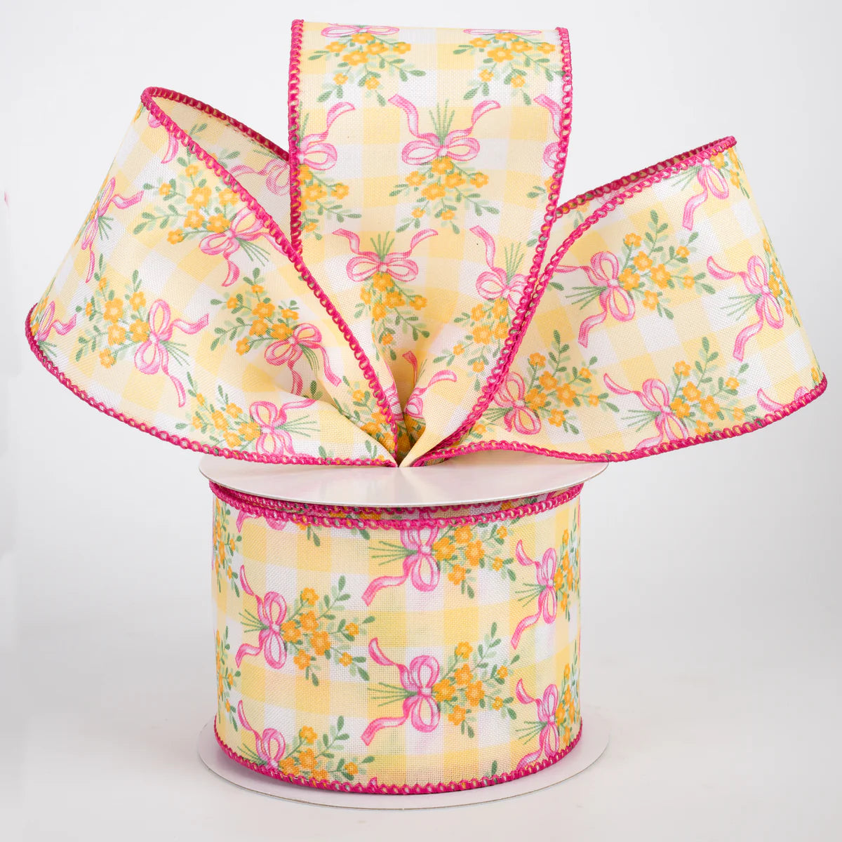 2.5 Inch By 10 Yard Orange Bouquet Pink Bow On Yellow And White Check Ribbon