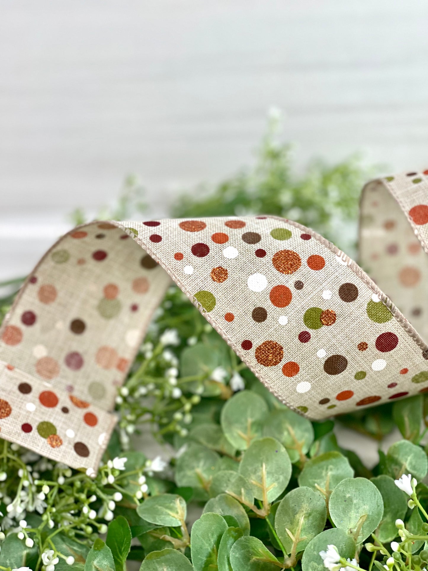 2.5 Inch By 10 Yard Natural Background With Fall Polka Dots Ribbon