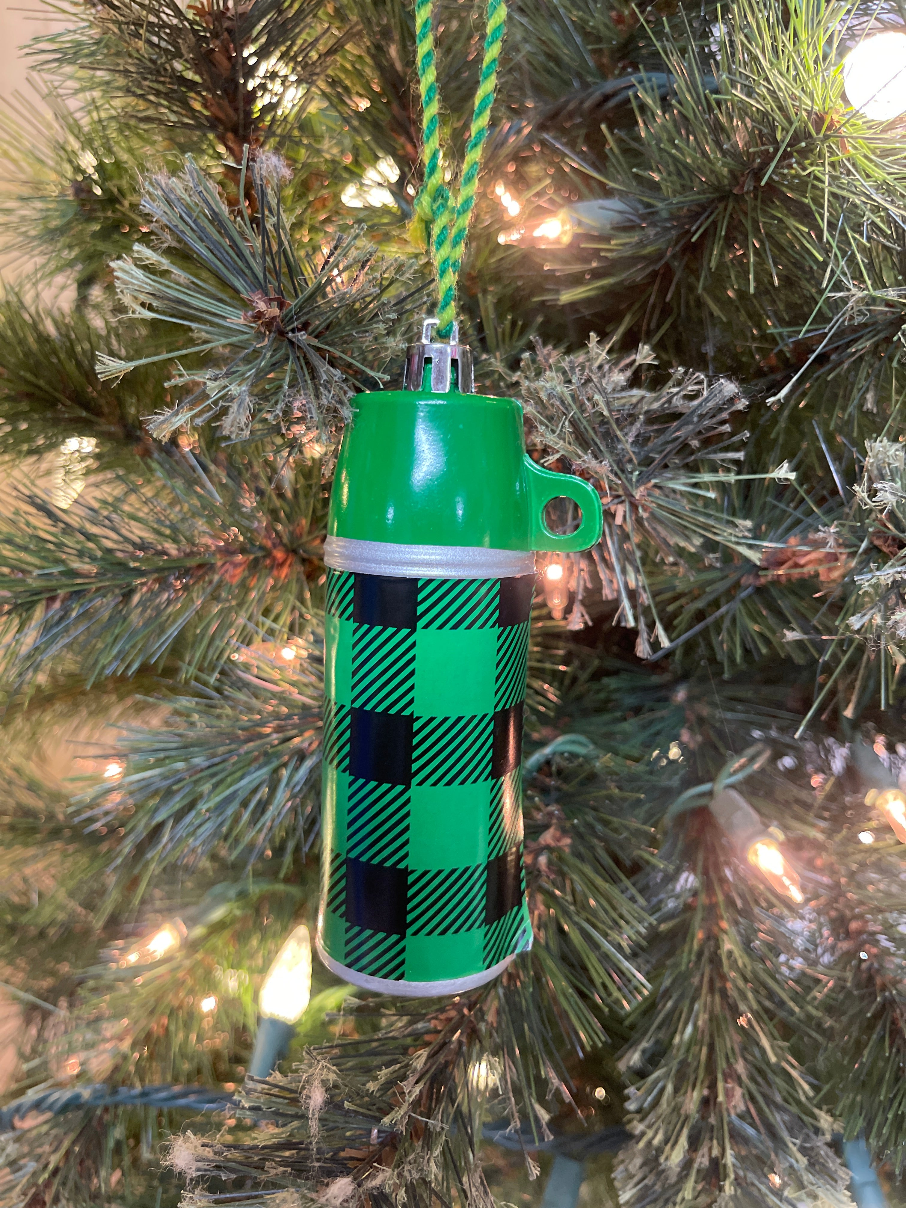 Red & Green Tartan Plaid Thermos Glass Ornament