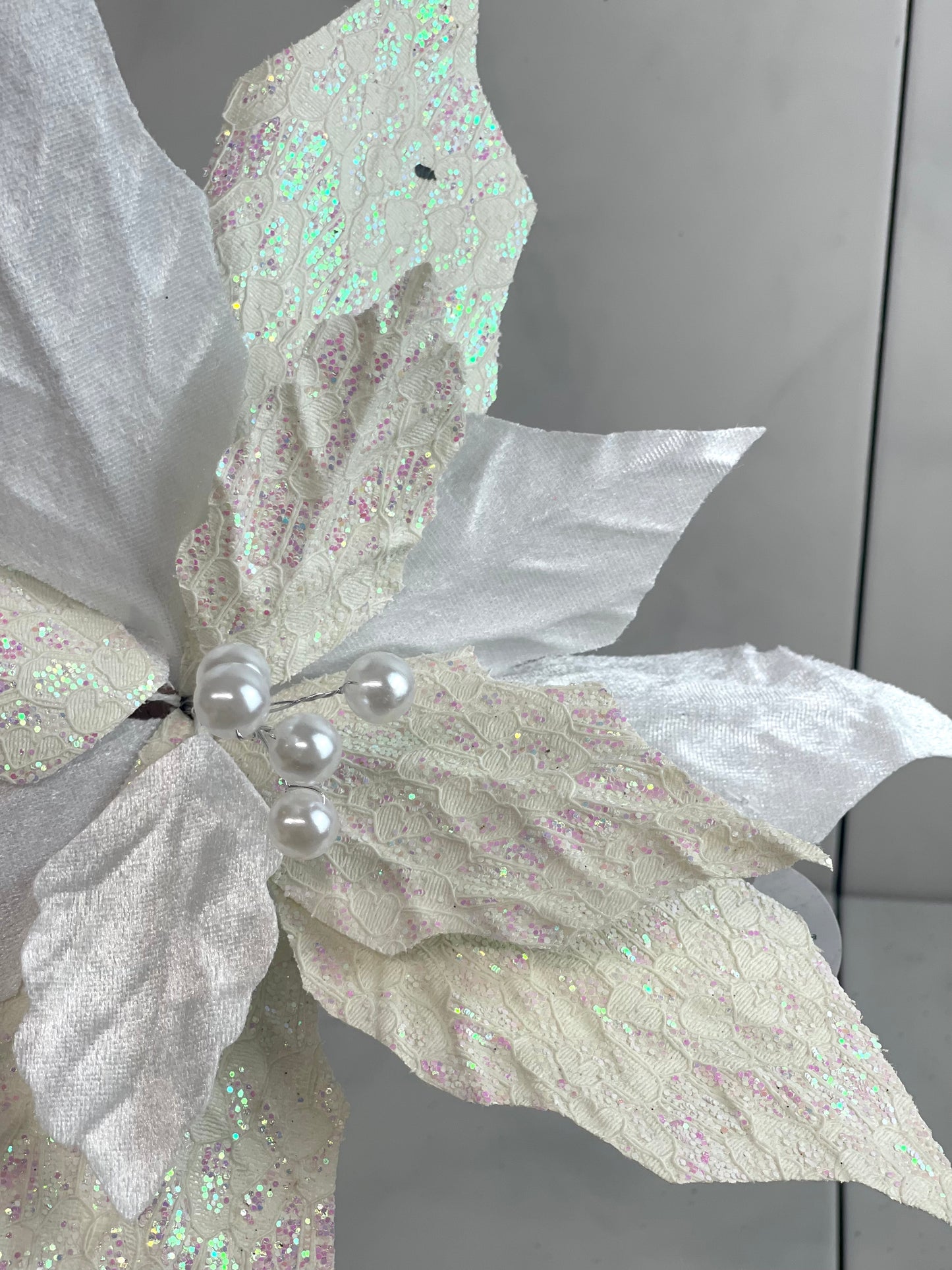 White Velvet Glitter Patterned Poinsettia Spray