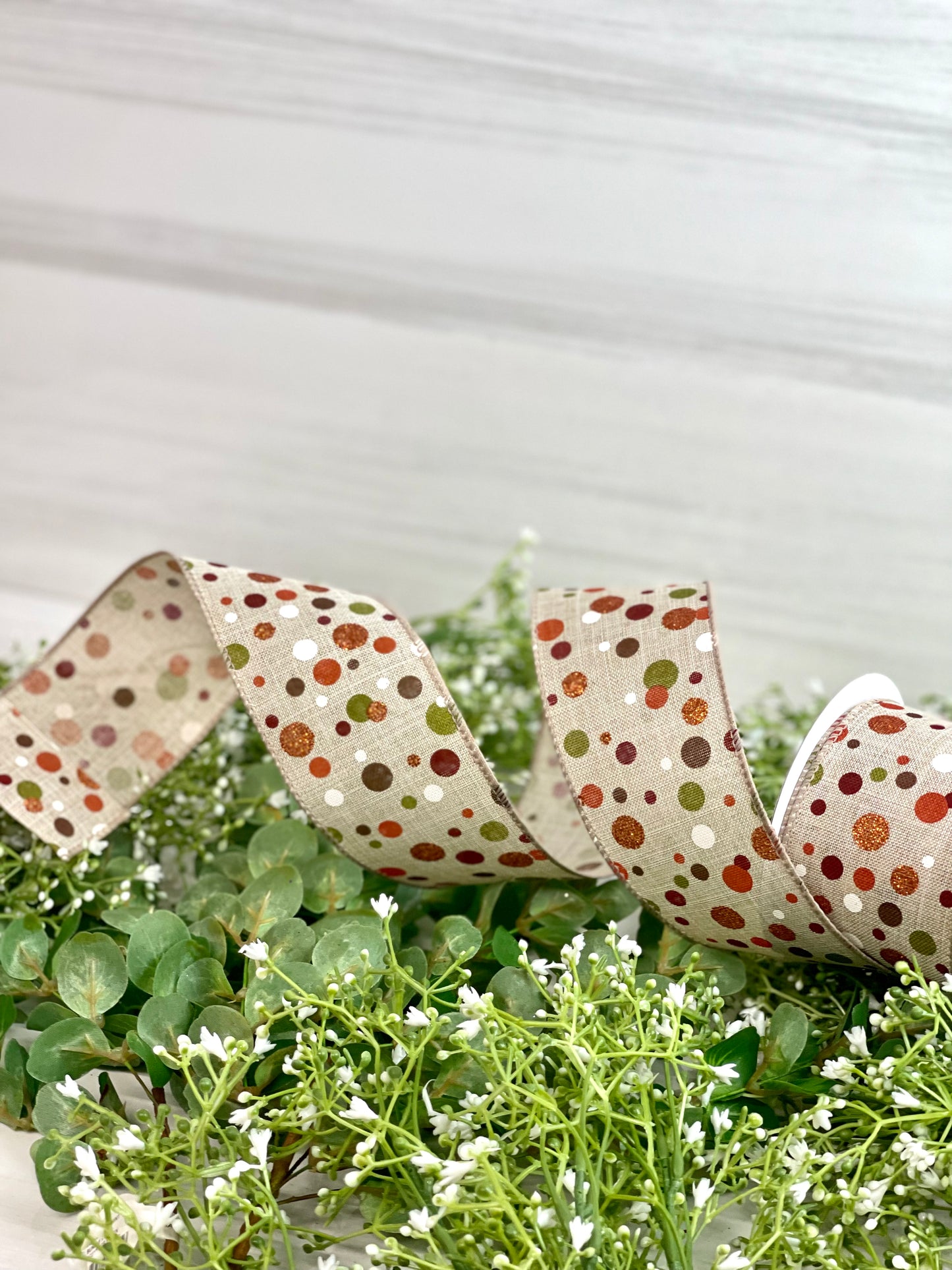 2.5 Inch By 10 Yard Natural Background With Fall Polka Dots Ribbon