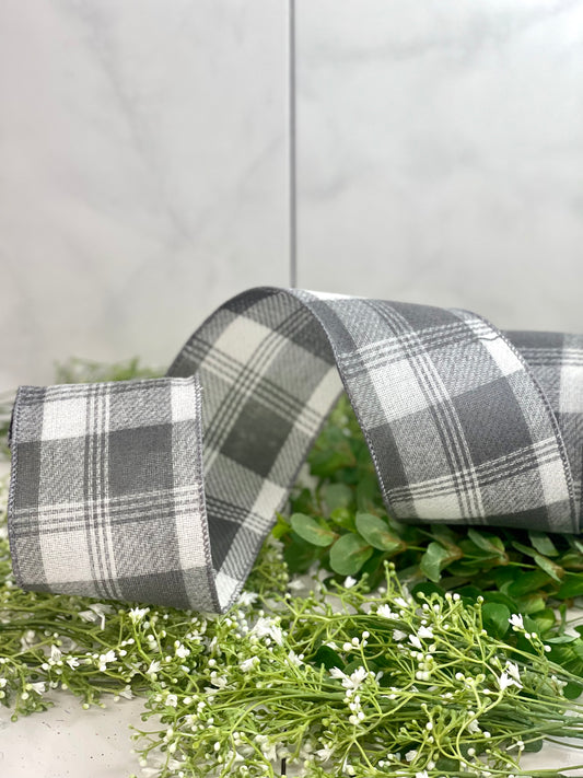 4 Inch By 10 Yard Scandinavian Gray And White Flannel Plaid Ribbon