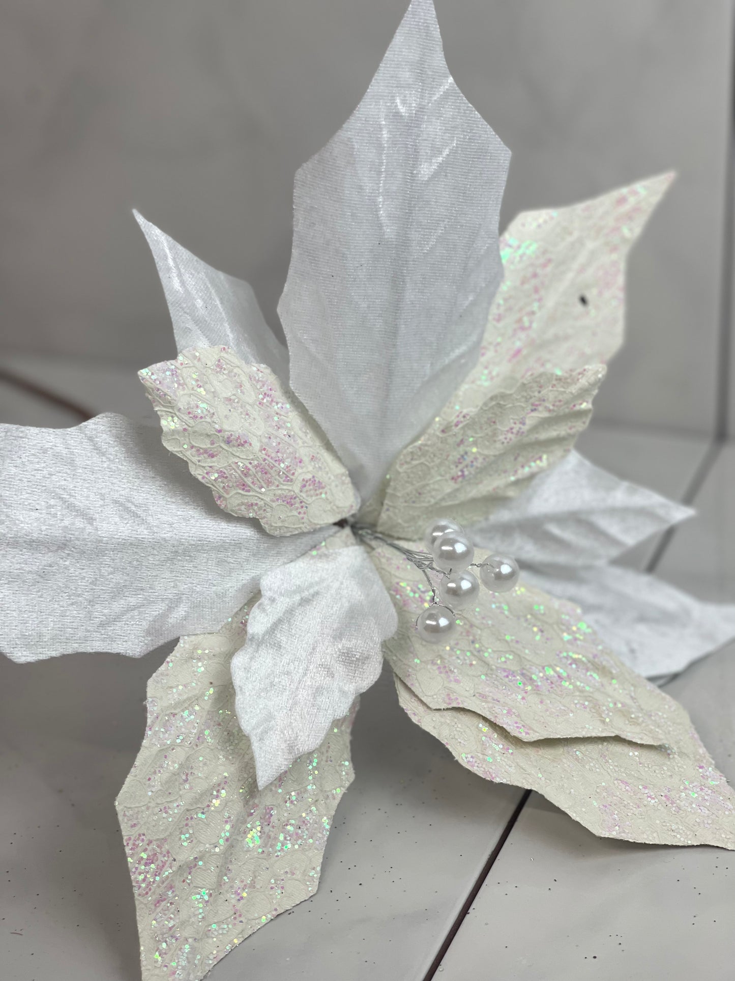 White Velvet Glitter Patterned Poinsettia Spray