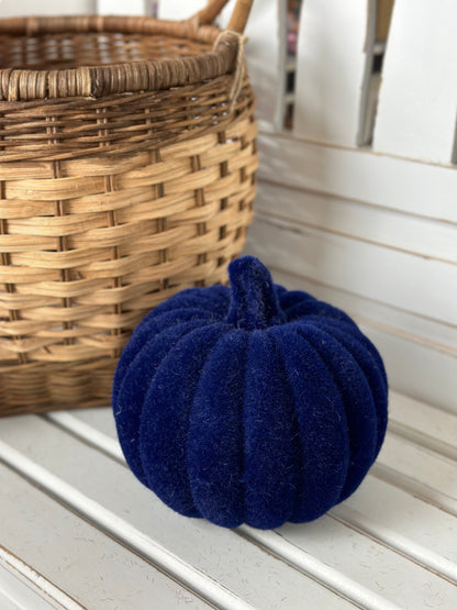 Flocked Pumpkin With Stem Six Neutral Colors 8 Inch