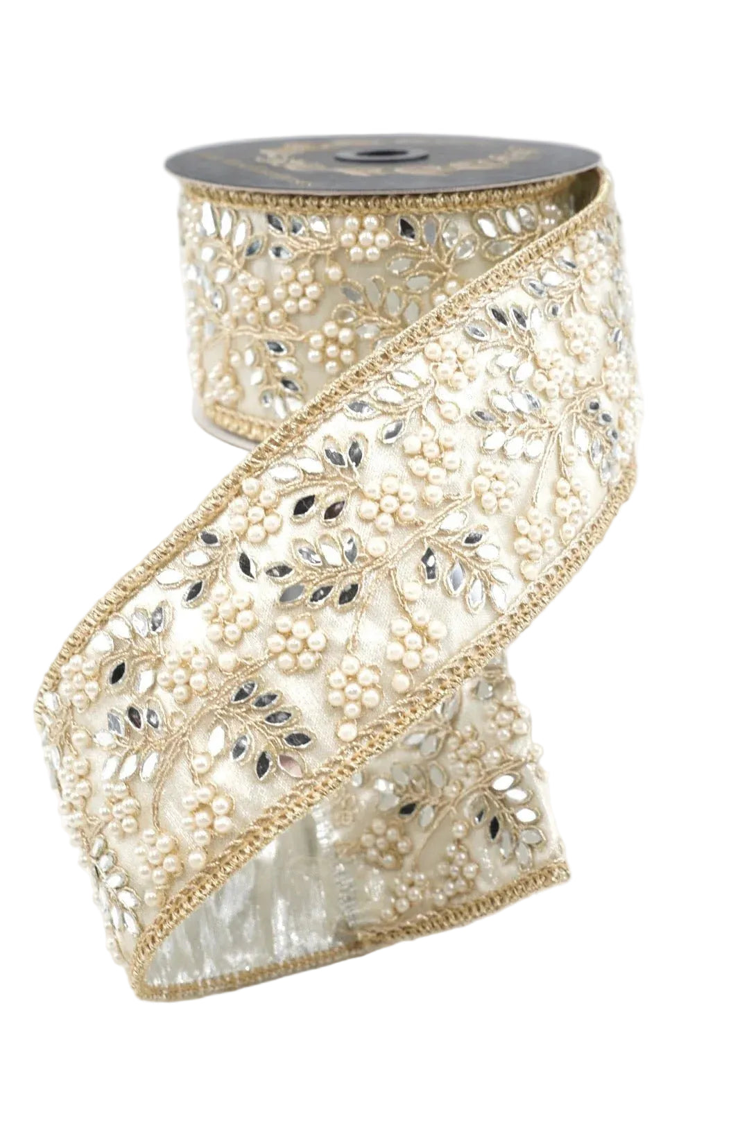 John Mark Enterprises 2.5 Inch By 5 Yard Gold And Platinum Jeweled Pearl Mirror Ribbon