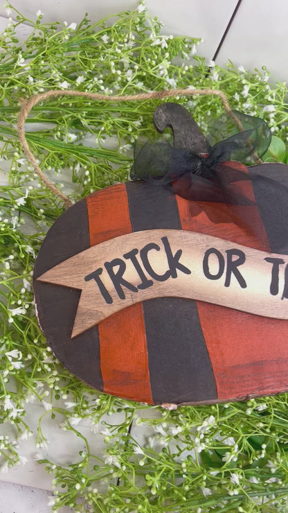 Orange And Black Trick Or Treat Pumpkin Hanging Sign