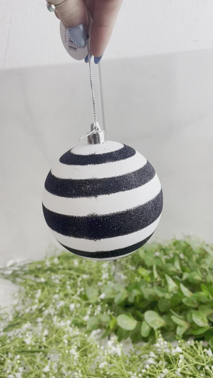 Matte Black Ornament Ball With White Glitter Stripes