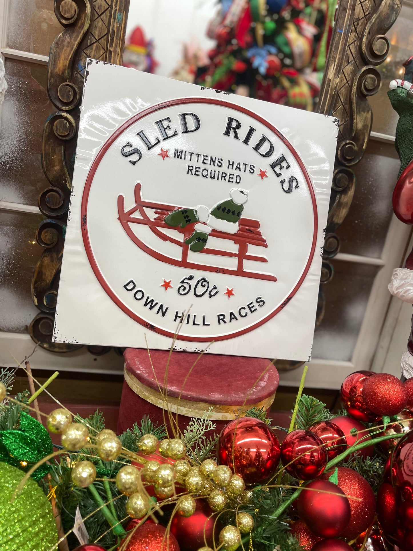 White Enamel Santa Sled Rides Sign