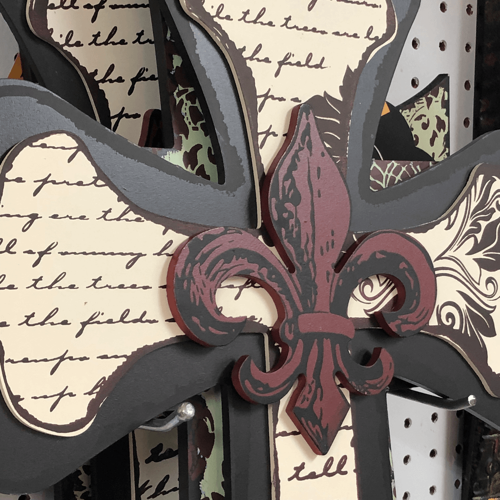 24 Inch By 17 Inch MDF Multi Layer Cross with Fleur De Lis