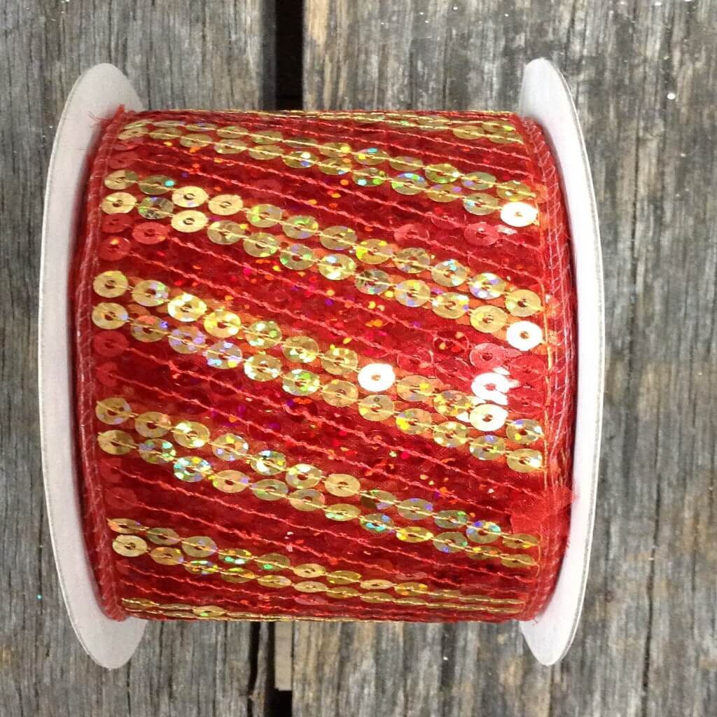 2.5 Inch By 10 Yards Wired Red and Gold Sheer Sequin Ribbon