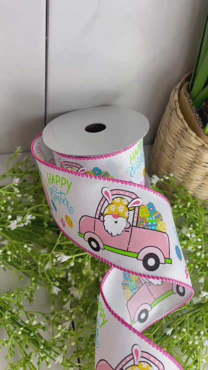 2.5 Inch By 10 Yard White Satin With Easter Bunny Truck Ribbon