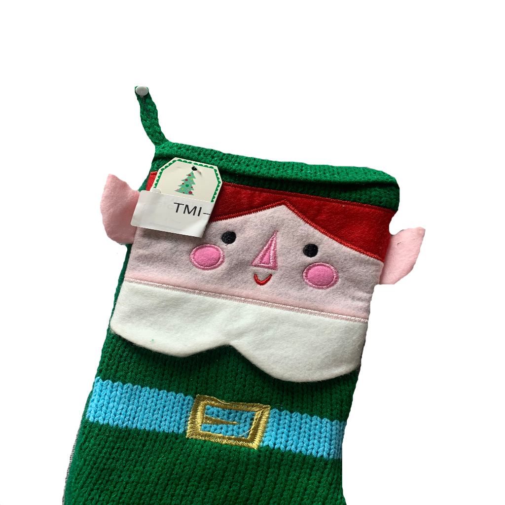 Emerald Green Stitched Stocking with Elf Face Design