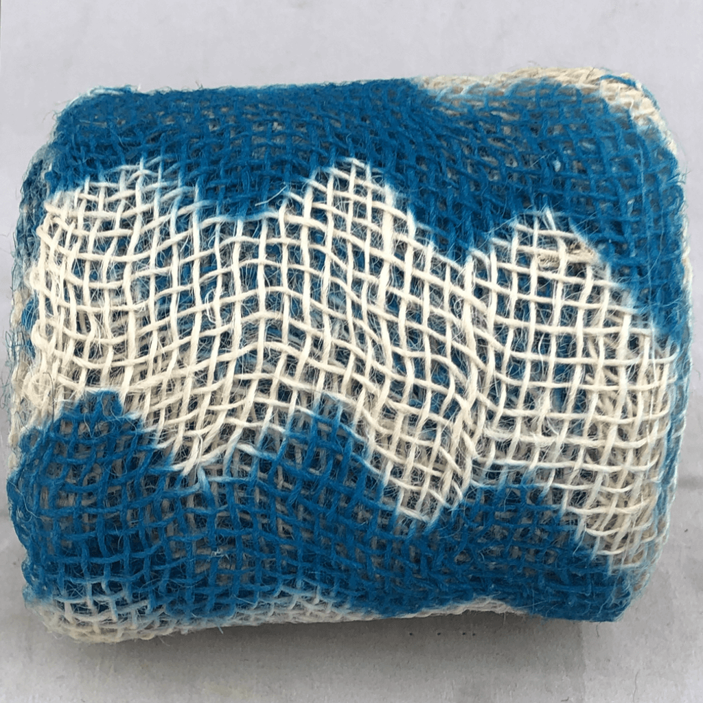 4 Inch By 5 Yards Designer Chevron Jute Natural with Blue Pattern Ribbon