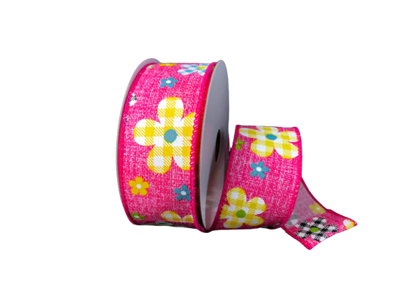 1.5 Inch Plaid Flowers On Fuchsia Ribbon