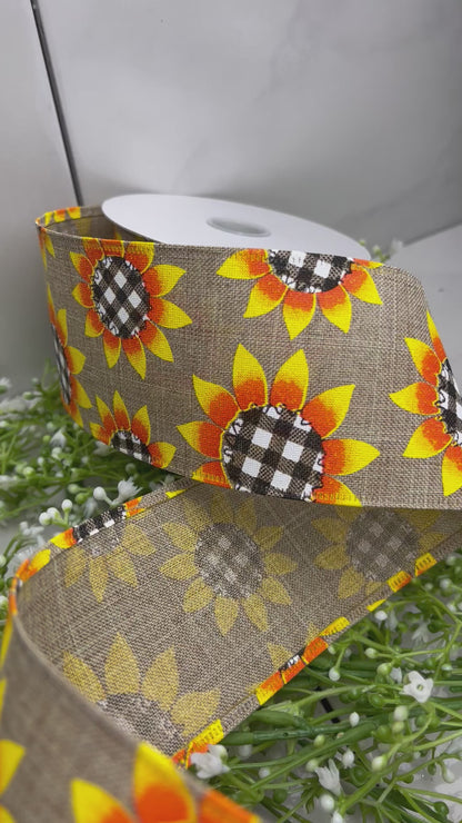 2.5 Inch Wired Sunflower Ribbon With Buffalo Plaid