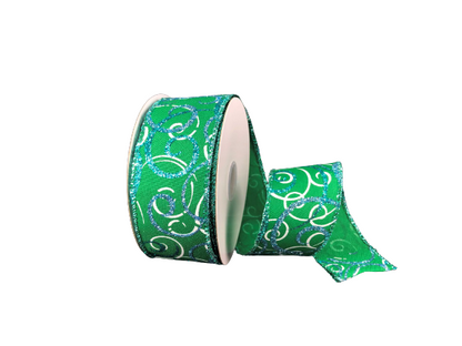 1.5 Inch Ribbon Emerald Background With Turquoise And White Swirls