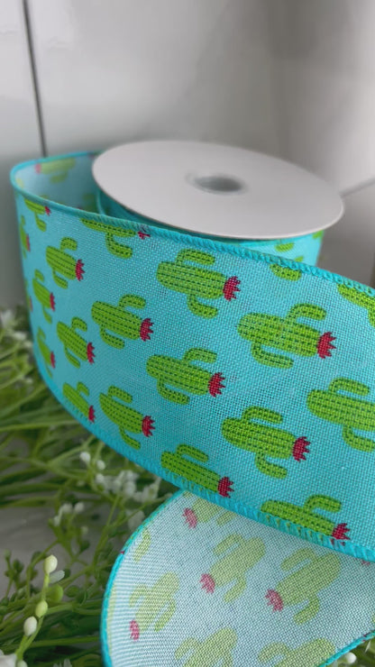 Aqua Linen Background with Cactus Wired Ribbon