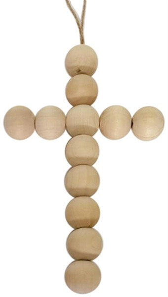 8 Inch Natural Wood Bead Cross Ornament